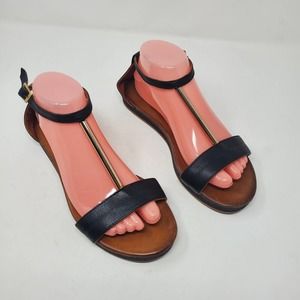 Inuovo Thong Sandals T-Strap Black Leather Ankle Strap Flat Women Size 38 US 7.5